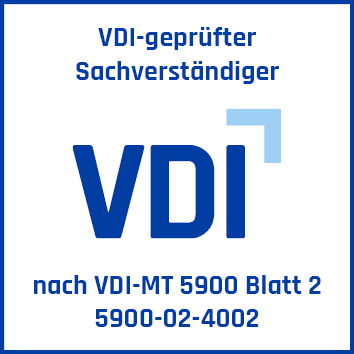 VDI-Prüfzeichen: VDI-geprüfter Sachverständiger nach VDI-MT 5900 Blatt 2, Registernummer 5900-02-4002